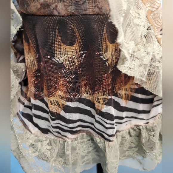 Lapis Lace Mesh Feather Print Coquette Fairy Top Large Brown - Picture 11 of 11